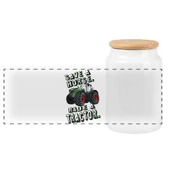 Save a horse, ride a tractor! Farm, Farmer - Panoramic Cookie Jar with Wooden Lid - white - Front