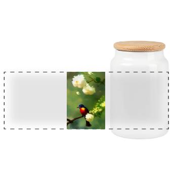 Bird on branch with flower blossoms - Panoramic Cookie Jar with Wooden Lid - white - Front