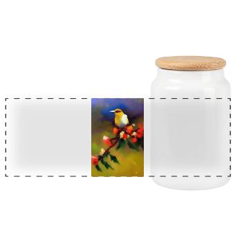 Bird on branch with colorful flowers - Panoramic Cookie Jar with Wooden Lid - white - Front