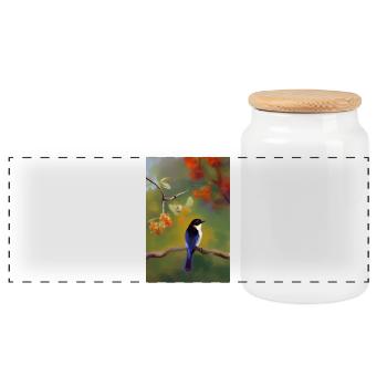 Bird on branch with colorful flowers - Panoramic Cookie Jar with Wooden Lid - white - Front
