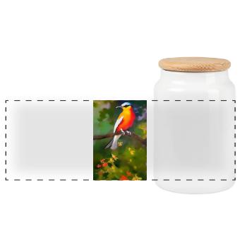 Bird on branch with colorful flowers - Panoramic Cookie Jar with Wooden Lid - white - Front