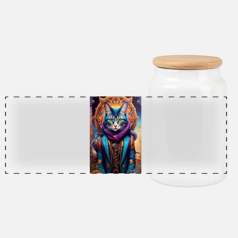 Master cat - Panoramic Cookie Jar with Wooden Lid - white