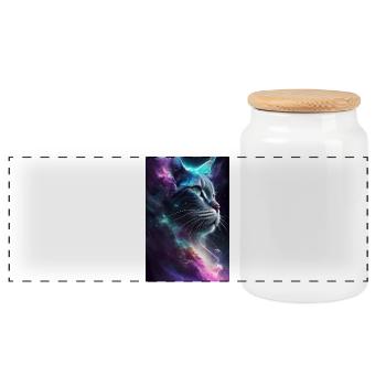 Cat in space - Panoramic Cookie Jar with Wooden Lid - white - Front