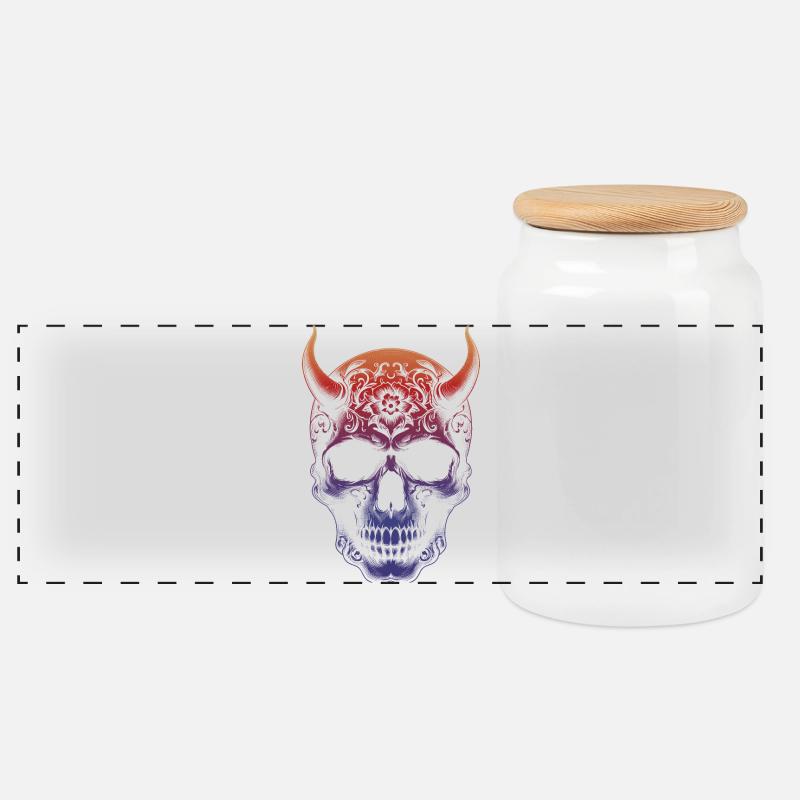 Totenkopf mit Hörnern - Panorama Keksdose mit Holzdeckel - Weiß