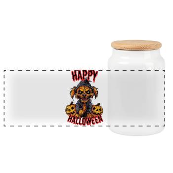Cute Halloween dog with pumpkins - Panoramic Cookie Jar with Wooden Lid - white - Front