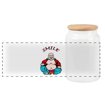 Cheerful yoga - Panoramic Cookie Jar with Wooden Lid - white - Front