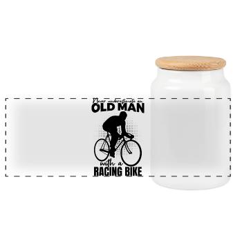 Never underestimate old road cyclists - Panoramic Cookie Jar with Wooden Lid - white - Front