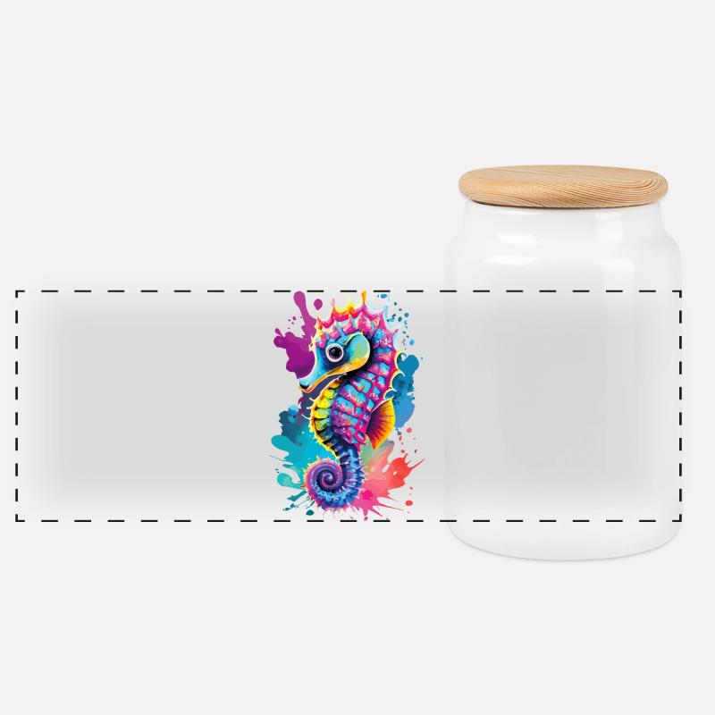 Seepferd Farbenfroh - Hippocampus Seepferdchen - Panorama Keksdose mit Holzdeckel - Weiß