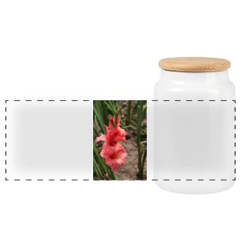 Gladiole – Stärke in Blüte - Panorama Keksdose mit Holzdeckel - Weiß - Vorne