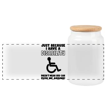 Even though I have a disability, wheelchair does not push* - Panoramic Cookie Jar with Wooden Lid - white - Front