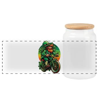 St. Patrick's Day Leprechaun Bicycle Design - Panoramic Cookie Jar with Wooden Lid - white - Front