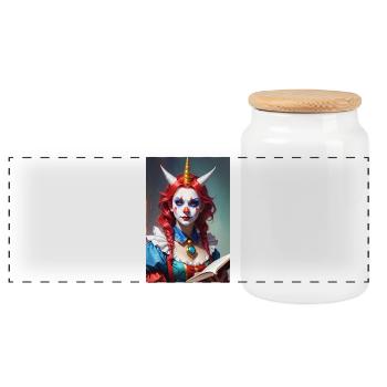 Clown Frau mit drei Hörnern - Panorama Keksdose mit Holzdeckel - Weiß - Vorne