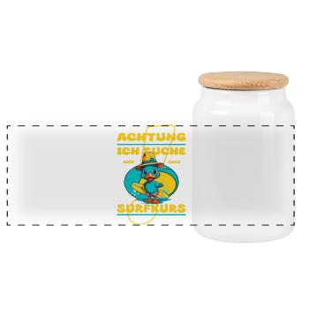 Cute duck with surfboard - Panoramic Cookie Jar with Wooden Lid - white - Front