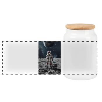 Astronaut grilling on the moon - Panoramic Cookie Jar with Wooden Lid - white - Front