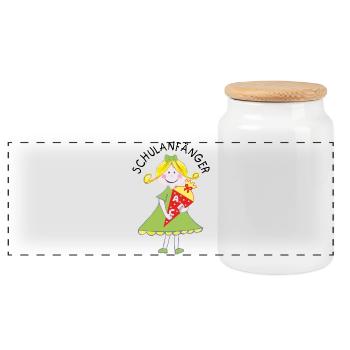 School Beginners 2026 - Girl with School Cone - Panoramic Cookie Jar with Wooden Lid - white - Front