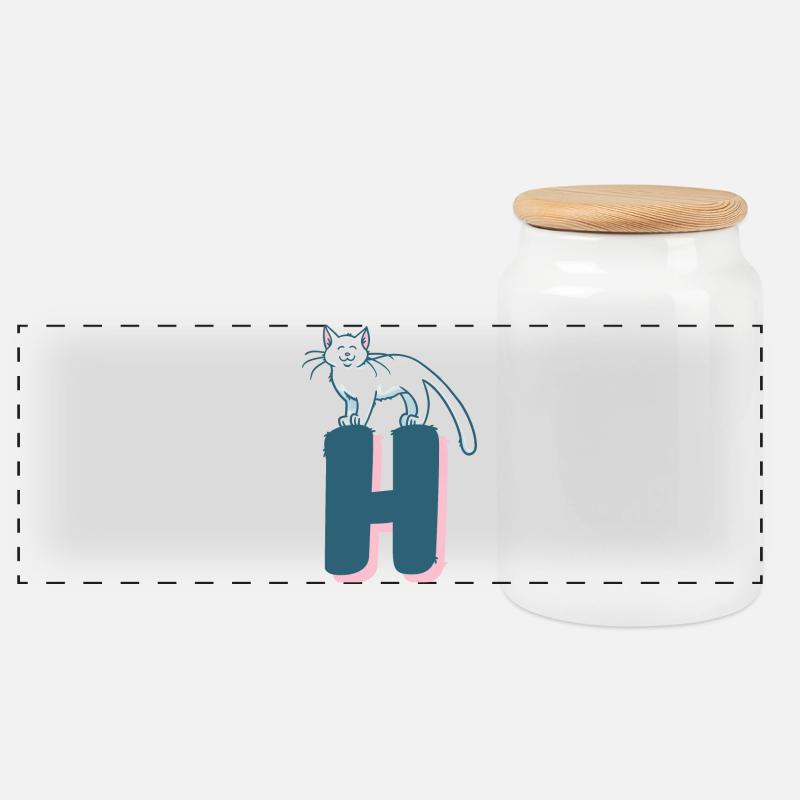 Katze Buchstabe H - Panorama Keksdose mit Holzdeckel - Weiß