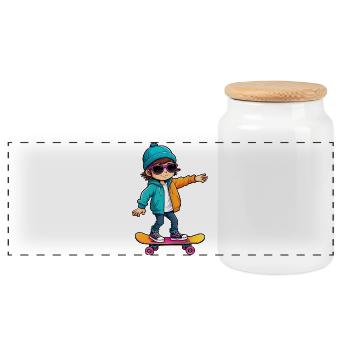 Cool Happy Skateboarding Kid - Panoramic Cookie Jar with Wooden Lid - white - Front