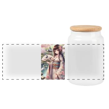 Elegant Japanese Serenity: Kimono, Cherry Blossoms - Panoramic Cookie Jar with Wooden Lid - white - Front