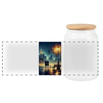 Scène d’amour devant les lumières de la ville - Boîte à biscuits avec couvercle en bois - blanc - Devant