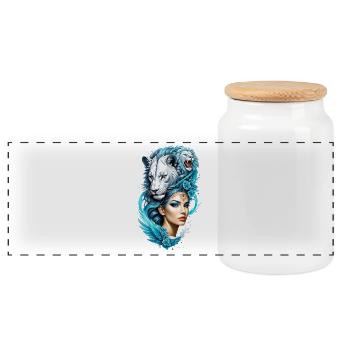 Captivating woman and a majestic lion's head - Panoramic Cookie Jar with Wooden Lid - white - Front