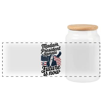 MADAM PRESIDENT KAMALA, FUTURE IS NOW - Panoramic Cookie Jar with Wooden Lid - white - Front