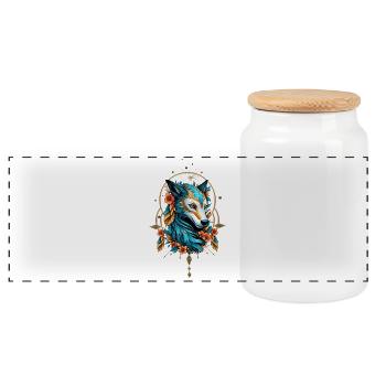 Stylized wolf with bright blue and gold fur - Panoramic Cookie Jar with Wooden Lid - white - Front