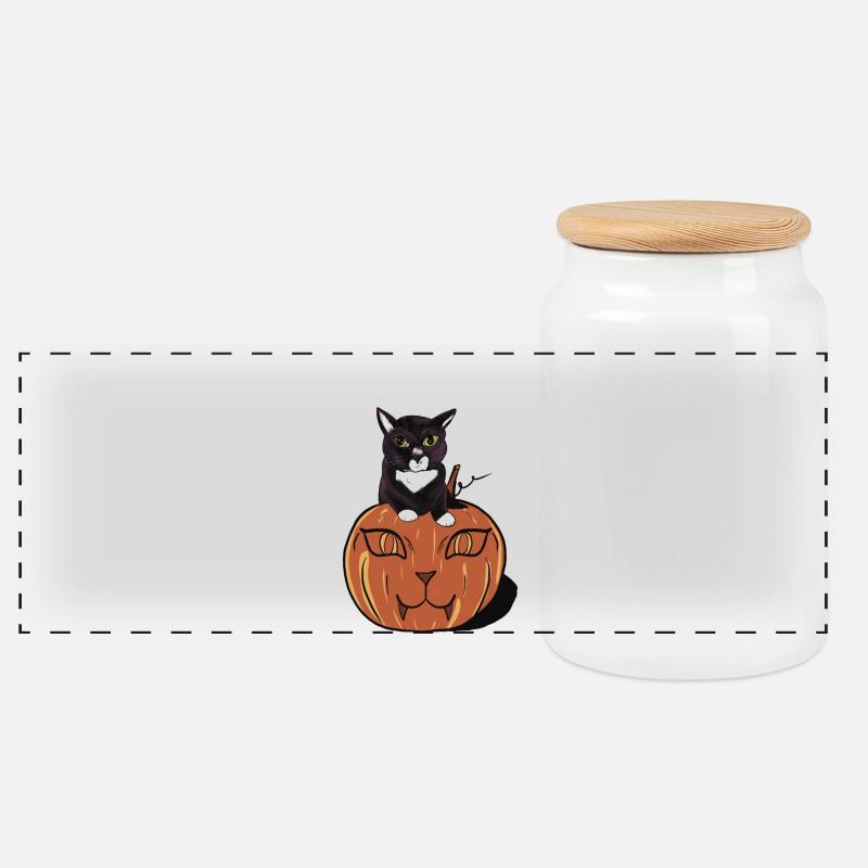 Halloween Schwarze Katze - Panorama Keksdose mit Holzdeckel - Weiß