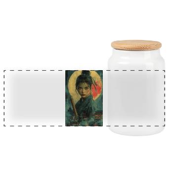 Moonlight Samurai in Asian Style - Panoramic Cookie Jar with Wooden Lid - white - Front