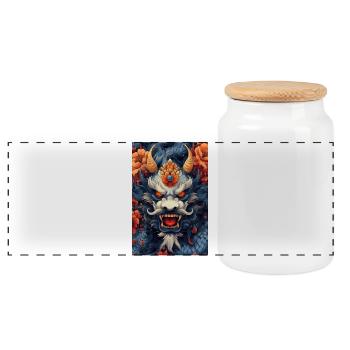 Blue Dragon Head with Fire Flowers - Panoramic Cookie Jar with Wooden Lid - white - Front