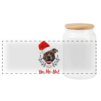 Tête de staffie bringé avec bonnet de père Noël - Boîte à biscuits avec couvercle en bois - blanc - Devant