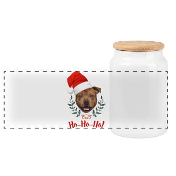 Tête de staffie rouge avec bonnet de père Noël - Boîte à biscuits avec couvercle en bois - blanc - Devant