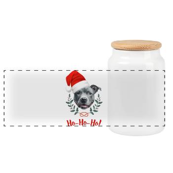 Tête de staffie bleu avec bonnet de père Noël - Boîte à biscuits avec couvercle en bois - blanc - Devant