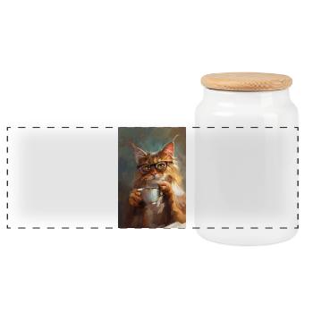 Poster Illustration of Cat with Coffee Cup - Panoramic Cookie Jar with Wooden Lid - white - Front
