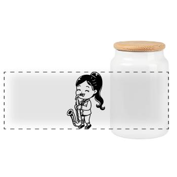 Dessin animé Saxophone Girl - Boîte à biscuits avec couvercle en bois - blanc - Devant