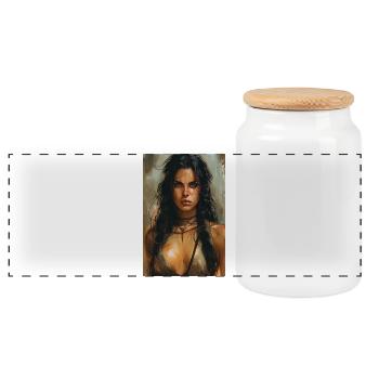 Poster Illustration Warrior Woman - Panoramic Cookie Jar with Wooden Lid - white - Front
