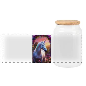 Pastel Unicorn in Floral Arch - Panoramic Cookie Jar with Wooden Lid - white - Front