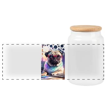 Office Dog Pug with Laptop and Pink Glasses Pop Art - Panoramic Cookie Jar with Wooden Lid - white - Front