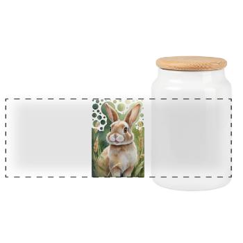 Peinture moderne de type « Lapin câlin sur la prairie » - Boîte à biscuits avec couvercle en bois - blanc - Devant