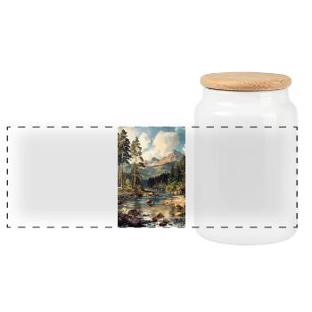 Mountain Landscape Illustration Poster - Panoramic Cookie Jar with Wooden Lid - white - Front