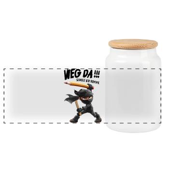 Ninja mit Bleistift und Messer Schulkind 1.Klasse - Panorama Keksdose mit Holzdeckel - Weiß - Vorne