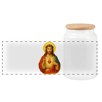Kitschy Heart of Jesus Christ | Jesus Christ - Panoramic Cookie Jar with Wooden Lid - white - Front