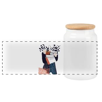 Book Lover Illustration – Cute Girl Carrying Book - Panoramic Cookie Jar with Wooden Lid - white - Front