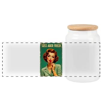 Retro-Girl Design – „Süß aber frech“ Lollipop Edit - Panorama Keksdose mit Holzdeckel - Weiß - Vorne