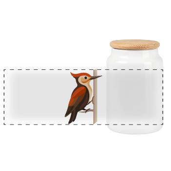 Woodpecker on Tree Trunk – Stylized Bird Motif - Panoramic Cookie Jar with Wooden Lid - white - Front