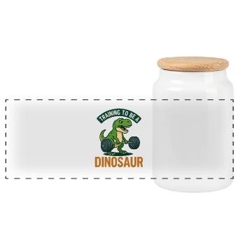 Training To Be A Dinosaur 🏋️🦖 - Panoramic Cookie Jar with Wooden Lid - white - Front