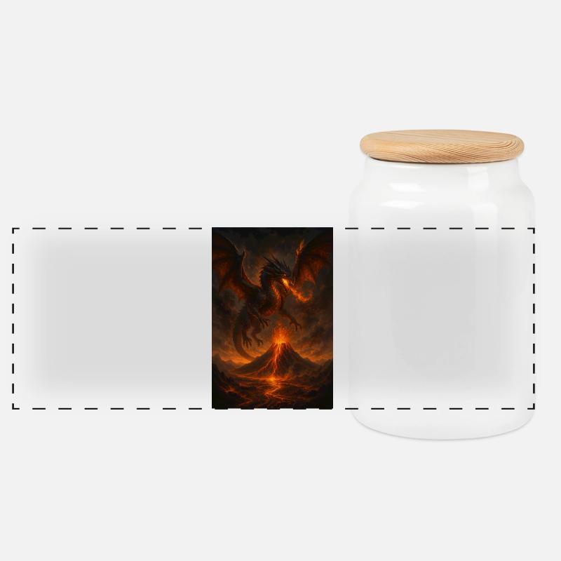 Feuerdrache über Vulkanlandschaft - Panorama Keksdose mit Holzdeckel - Weiß