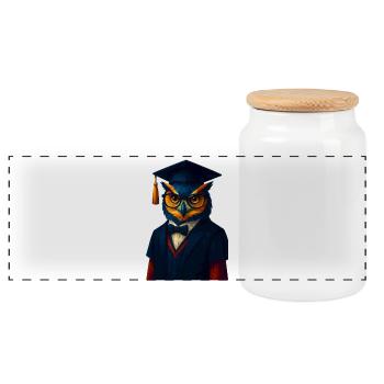 WPAP Style Animal - Owl in Professor Outfit Bow Tie - Panoramic Cookie Jar with Wooden Lid - white - Front