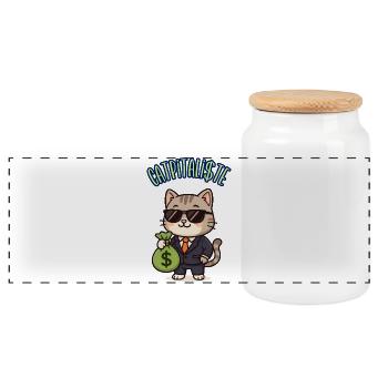 CATPITALIST - Kawaii Katze Humor - Panorama Keksdose mit Holzdeckel - Weiß - Vorne