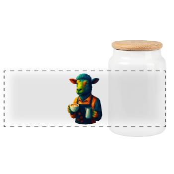 WPAP Style Animals - Sheep Barista with Latte - Panoramic Cookie Jar with Wooden Lid - white - Front
