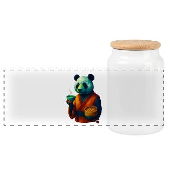 WPAP Stil Tiere - Pandabär im Kimono trinkt Tee - Panorama Keksdose mit Holzdeckel - Weiß - Vorne